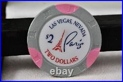 (100) $2 Dollar Las Vegas Paris Hotel & Casino Light Gray & Pink Clay Poker Chip