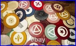 100+ Vintage Clay POKER CHIP Lot Unique Inlay Gambling Rooster Dog Moon Antique