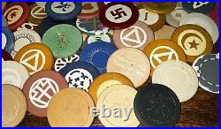 100+ Vintage Clay POKER CHIP Lot Unique Inlay Gambling Rooster Dog Moon Antique