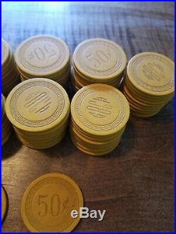 100 Vintage GBCH Monogram Clay Poker Chips 50 Cent Yellow