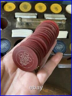 1930s Clay Poker Chip Set Oak Wood Carrying Box Brass Handle ZODIAC Card Decks