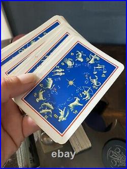 1930s Clay Poker Chip Set Oak Wood Carrying Box Brass Handle ZODIAC Card Decks