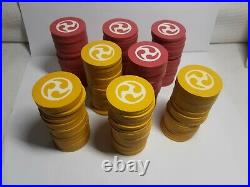 198 Vintage Clay Poker Chips Japanese Tomoe Symbols Red And Yellow