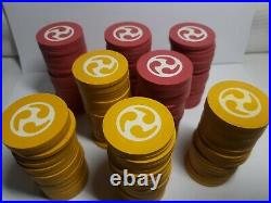 198 Vintage Clay Poker Chips Japanese Tomoe Symbols Red And Yellow