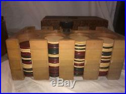 2 ANTIQUE WOODEN POKER CHIP CADDIEs With Plastic, Wood And Clay Chips
