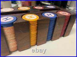 216 Antique Vintage CLay Poker Chips Monogrammed Inlaid B&H 4 Colors & Holder