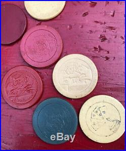 30s 40s Antique Clay Poker Casino Chips Bulldog Cards Stop Monkeying Caddy Vtg