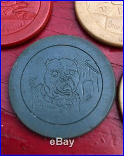 30s 40s Antique Clay Poker Casino Chips Bulldog Cards Stop Monkeying Caddy Vtg