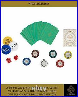 -500 Piece Poker Chip Set with Case 5x Dice. Premium Playing Cards. 14 Gram Clay