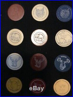 62 Antique/Vintage Different Clay Engraved Animal Poker Chips Collection Mounted