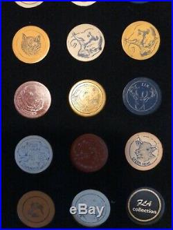 62 Antique/Vintage Different Clay Engraved Animal Poker Chips Collection Mounted