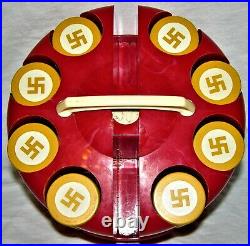 ANTIQUE MUSTARD SWASTIKA CLAY POKER CHIPS PRE WWII with VICTORY of CHICAGO CASE