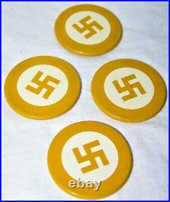 ANTIQUE MUSTARD SWASTIKA CLAY POKER CHIPS PRE WWII with VICTORY of CHICAGO CASE