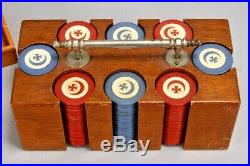 Antique Clay Moon & Cross Clay Poker Chips & Caddy, Ca. 1900 W Bicycle Extras