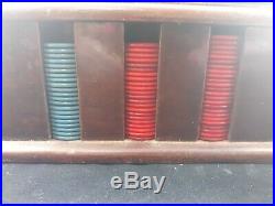 Antique Clay Plain Poker Chips Red Blue Yellow Green Bakelite Handle Wooden Case