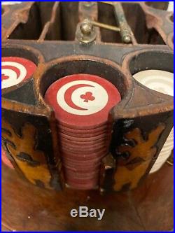 Antique Clay Poker Chip Set Pyrography Wood Box Case Moon Clover Playing Cards