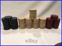 Antique Clay Poker Chips Lot of 184 Dragon Griffon Wood Caddy Vintage Clay Chips