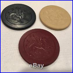 Antique Clay Poker Chips Lot of 184 Dragon Griffon Wood Caddy Vintage Clay Chips