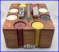 Antique Clay Poker Chips Set Oak Carrier Box 2 Decks Playing Card Holder Vintage