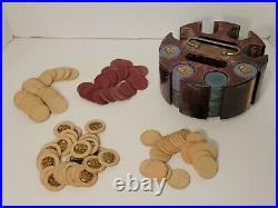 Antique Clay Poker Chips in Dark Wood Spinning Carousel Case w Lion Heads 1920'S