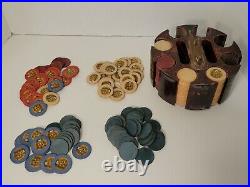 Antique Clay Poker Chips in Dark Wood Spinning Carousel Case w Lion Heads 1920'S