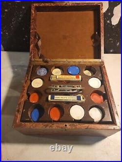 Antique Leather Cased Poker Set Cards Pinochle Bakelite and Clay Chips