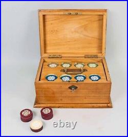 Antique Maltese Cross Clay Poker Chip set with Caddy and Key Storage Box WWI