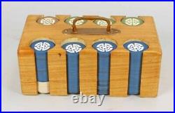 Antique Maltese Cross Clay Poker Chip set with Caddy and Key Storage Box WWI