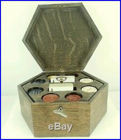 Antique Poker Chip Set with case CLAY CHIPS! TIGER OAK! HAND CRAFTED! SCARCE