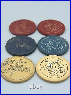 Antique Poker Chips Teddy Roosevelt Rough Riders Bowling Red White Blue Clay