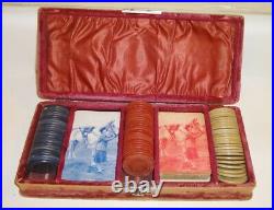 Antique Poker Set Box Velvet Enamel with Owl Clay Chips & 2 Complete Decks Cards