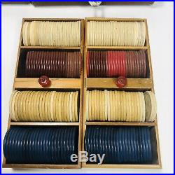 Antique Vintage Clay Chip Wood Hard Box Case Poker Gambling Box Gaming Set