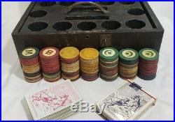 Antique Vtg Poker Set 131 Clay Chips Cards Caddy Oak Wood Box Gambling Casino