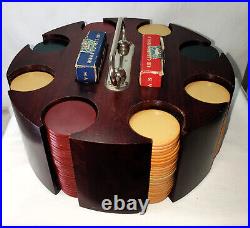 Antique Vtg Poker Set With 197 Clay Chips & 2 Decks of Cards in Wood Caddy 1932