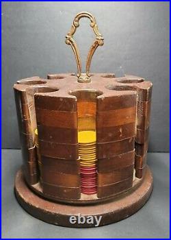Antique Wooden 8-Slot Saloon Poker Chip Caddy Approx. 200 Clay Chips 3-Mast Ship