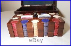Antique handmade wood clay chip gambling poker chips card box set caddy