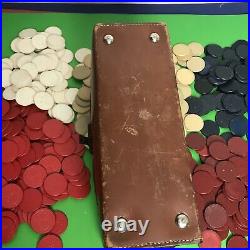 Antique vintage clay & paper chip leather handled box lock HUGE lot 479 chips