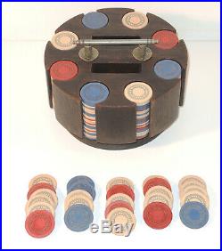 C. 1900 Antique Poker Chips Clay Multi Color Set Wood Caddy Loaded withChips Casino