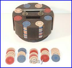 C. 1900 Antique Poker Chips Clay Multi Color Set Wood Caddy Loaded withChips Casino