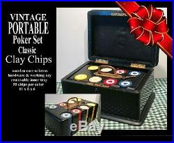 CLAY POKER CHIP SET IN WOODEN LOCKING BOX WithBRASS HARDWARE & KEY