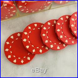 Clay Poker Chips Vintage Red 200 in Acrylic Cases Hearts Spades Diamonds Clubs