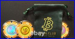 Collectible set of 3 bitcoin clay poker chips with bag