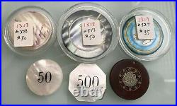 Collection of SIX early Mother of Pearl POKER CHIPS & one CLAY-SILVER POKER CHIP