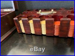 Early 20th Century Red Mahogany Wood Poker Chip Gaming Set With Clay Chips