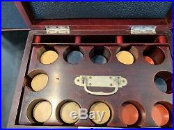 Early 20th Century Red Mahogany Wood Poker Chip Gaming Set With Clay Chips