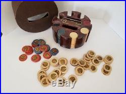 Huge Set of 1920s Lion Poker Chips Clay with Dark Wood Caddy Turntable Carousel