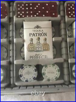 Lot 3 Patron Tequila Casino Style Clay Poker Chips Cards and Dice Sets LNC +case