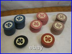 Lot 60 Vintage Four Leaf Clover Clay Poker Chips Card Game Red Black Blue