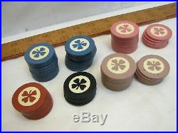 Lot 80 Vintage Four Leaf Clover Clay Poker Chips Card Game Red Black Blue