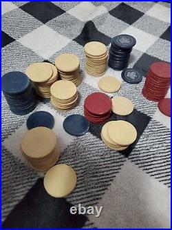Lot of 126 Antique Vintage Clay Poker Chips Engraved Maroon Blue White/Tan